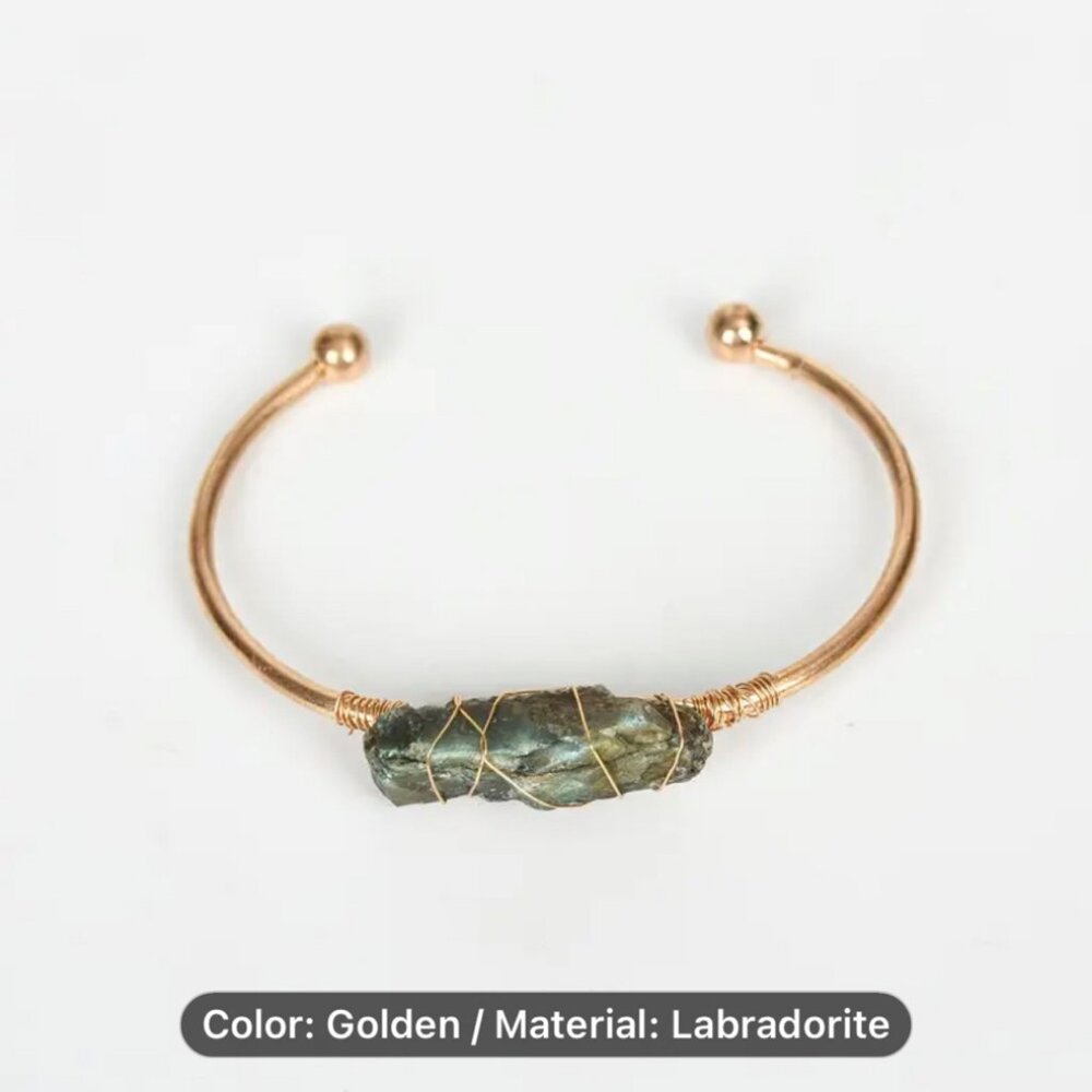 Gold Tone Bangle Bracelet with Wire Wrapped Genuine Labradorite Crystal Stone
